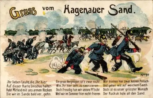 Litho Gruß vom Hagenauer Sand, Soldaten stecken im Sand fest