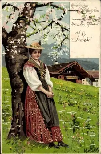 Künstler Litho Mailick, Junge Frau in Tracht, blühender Baum