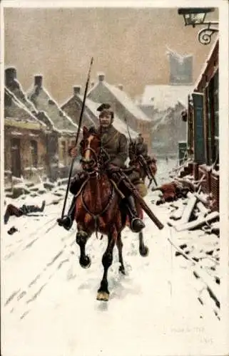 Künstler Ak Ungewitter, Hugo, Deutsche Ulanen, Winter 1915, Schnee