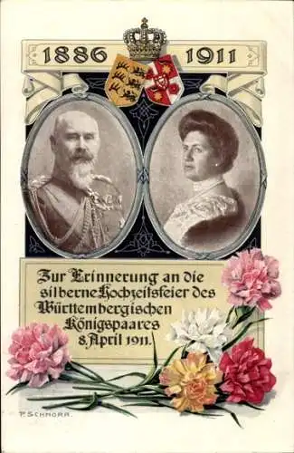 Künstler Ak Schnorr, König Wilhelm II v. Württemberg, Königin Charlotte, Silberhochzeit 1911, Wappen