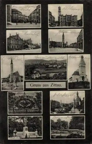 Ak Zittau in Sachsen, Gesamtansicht, Rathaus, Bahnhof, Krematorium, Klosterkirche, Denkmal