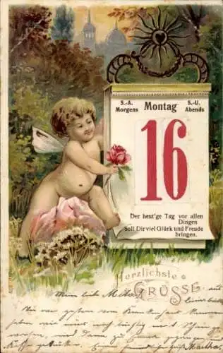 Litho Glückwunsch Neujahr, Kalender, Engel mit Rose