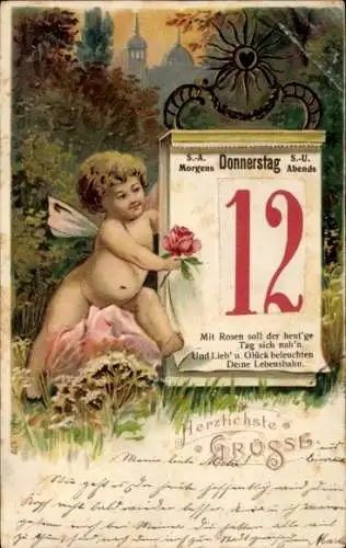 Litho Glückwunsch Neujahr, Kalender, Engel mit Rose