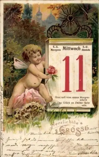 Litho Glückwunsch Neujahr, Kalender, Engel mit Rose