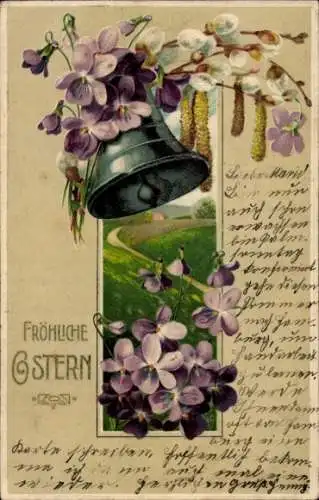 Präge Litho Glückwunsch Ostern, Glocke, Veilchen, Weidenkätzchen