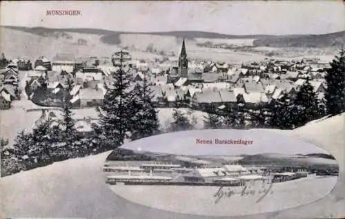 Ak Münsingen in Württemberg, Gesamtansicht, Neues Barackenlager, Winter