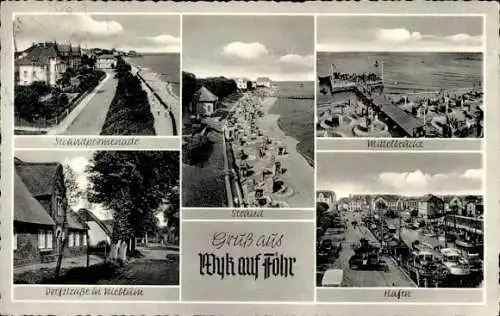 Ak Wyk auf Föhr Nordfriesland, Strand, Strandpromenade, Mittelbrücke, Hafen, Dorfstraße in Nieblum