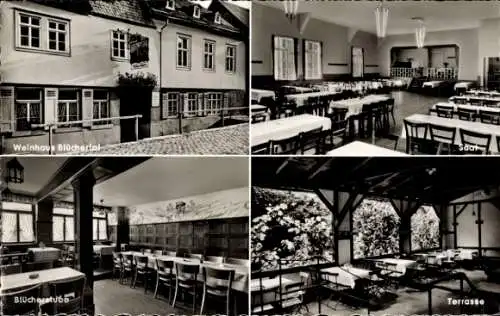 Ak Steeg Bacharach Rhein im Kreis Mainz Bingen, Winhaus Blüchertal, Blücherstube, Terrasse, Saal