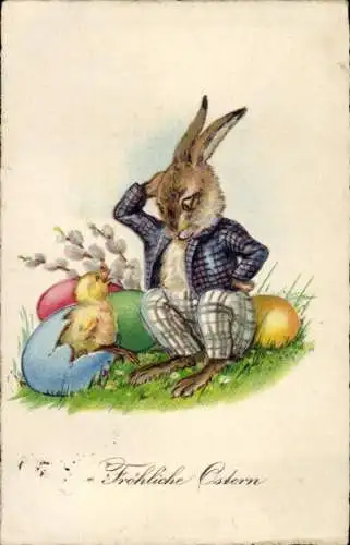 Ak Fröhliche Ostern, Osterhase, Ostereier, Küken