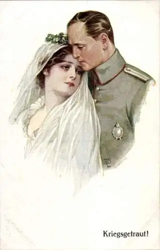 Künstler Ak Kriegsgetraut, Soldat mit Frau, Hochzeitspaar