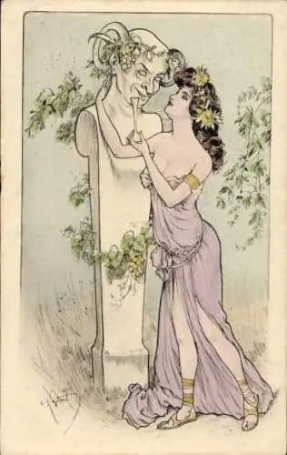 Künstler Ak Junge Frau mit Sektglas, Teufel