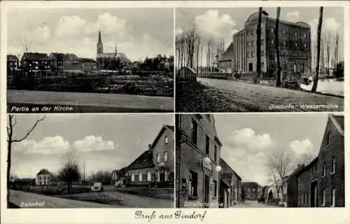 Ak Gindorf Grevenbroich, Wassermühle, Straßenpartie, Bahnhof, Kirche