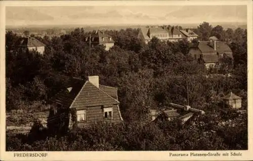 Ak Fredersdorf Vogelsdorf bei Berlin, Panorama Platanen-Straße, Schule