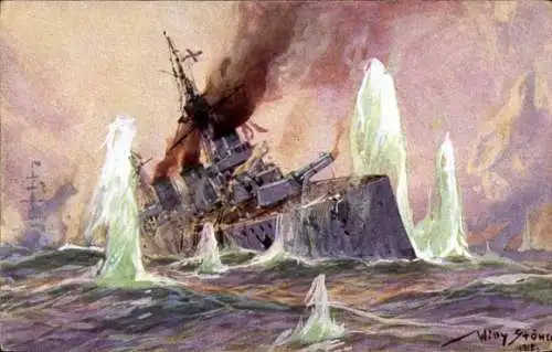 Künstler Ak Stöwer, Willy, Seegefecht in der Nordsee, Englischer Schlachtkreuzer, 1915