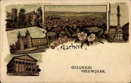 Litho Aachen, Gesamtansicht, Mariensäule, Theater, Glückwunsch Neujahr