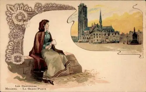 Litho Mechelen Mecheln Malines Flandern Antwerpen, Marktplatz, Kirche, Frau auf der Mauer, Werbung