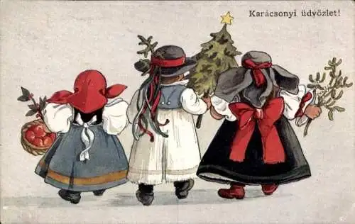 Ak Weihnachtsgrüße, Kinder in Tracht, Mistelzweig, Tannenbaum