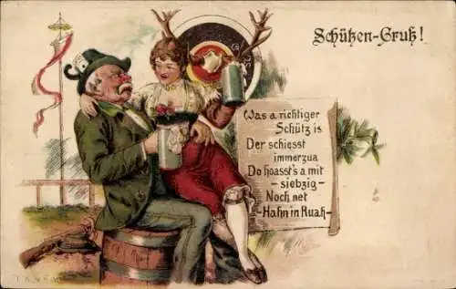 Litho Schützengruß, alter Schütze mit Bierkrug, Frau auf dem Schoß