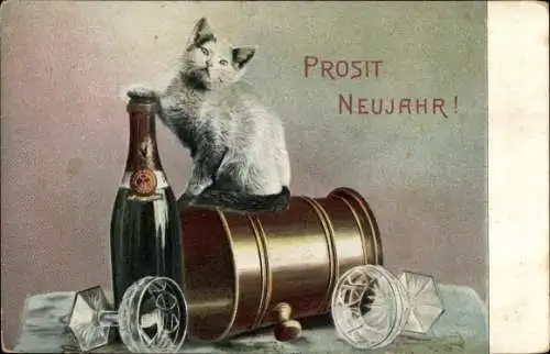 Ak Neujahrsgrüße, Sektflasche, Gläser, Kühler, Katze