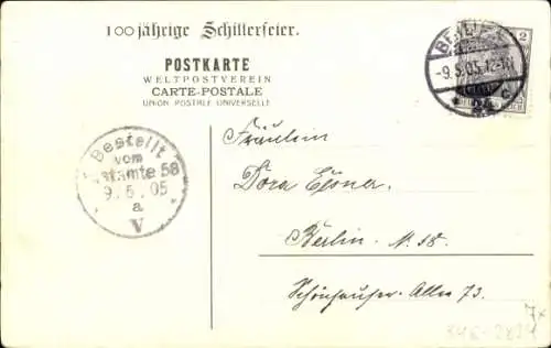 Präge Ak Frankfurt am Main, Gedächtnisfeier des Dichters Schiller 1905, Freude schöner Götterfunken