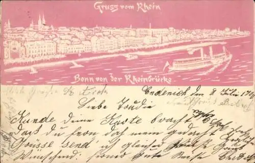 Ak Bonn am Rhein, Gesamtansicht von der Rheinbrücke, Schiff