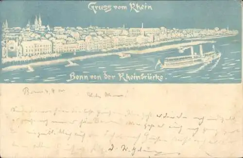 Ak Bonn am Rhein, Gesamtansicht von der Rheinbrücke, Schiff