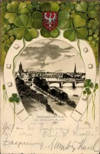 Präge Litho Frankfurt am Main, Gesamtansicht, Sachsenhausen, Glücksklee, Hufeisen, Wappen