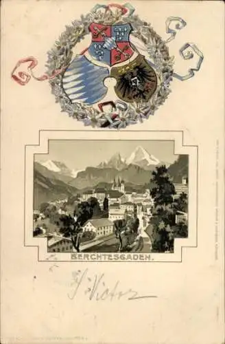 Präge Wappen Litho Berchtesgaden in Oberbayern, Teilansicht der Stadt