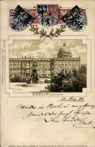 Präge Wappen Künstler Ak Loesch, E., Berlin Mitte, Blick auf das Schloss