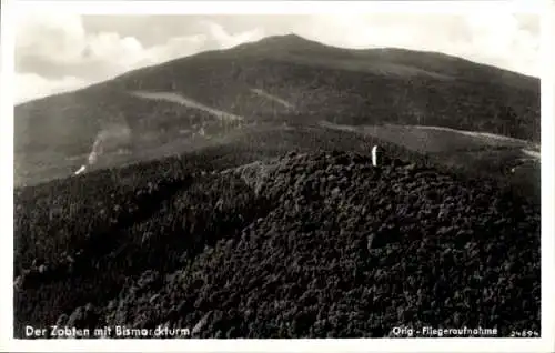 Ak Sobótka Zobten am Berge Schlesien, Bismarckturm, Fliegeraufnahme