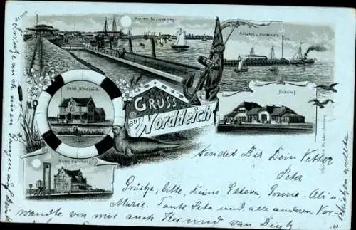 Mondschein Litho Norddeich in Dithmarschen, Hotel, Hafen Norderney, Bahnhof, Hotel Fährhaus