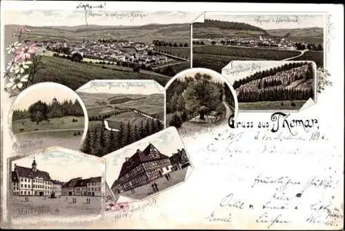 Litho Themar Thüringen, Panorama v. gehegten Berg, Osterburg, Marktplatz, Herzgl. Amtsgericht