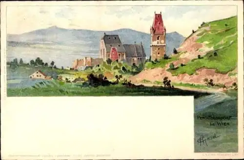 Künstler Litho Giesel, H., Perchtoldsdorf in Niederösterreich, Ortspartie mit Kirche