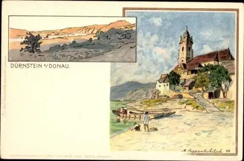 Künstler Litho Suppantschitz, Dürnstein an der Donau Wachau Niederösterreich, Kirche, 1898