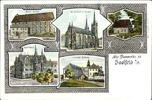 Litho Saalfeld an der Saale Thüringen, Münz-Kirche, St. Johannis Kirche, Rathaus, Herzogl. Schloss