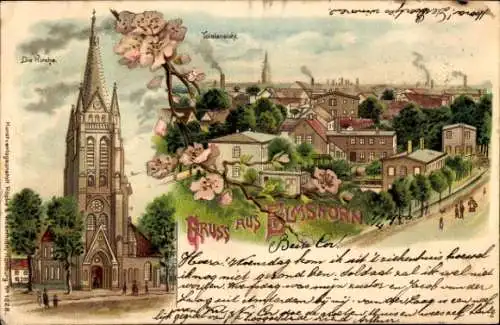 Litho Elmshorn in Holstein, Totalansicht und Kirche, Kirschblüten