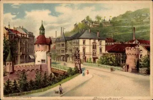 Litho Freiburg im Breisgau, Dreisam, Schwabentorbrücke, Wohnhäuser