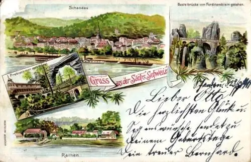 Litho Bad Schandau Sächsische Schweiz, Basteibrücke, Rathen, Prebischtor