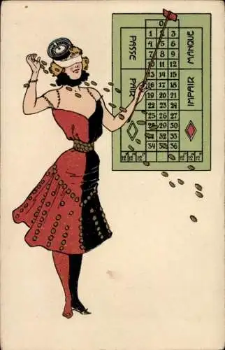 Jugendstil Litho Roulette, Frau mit verbundenen Augen, Münzen