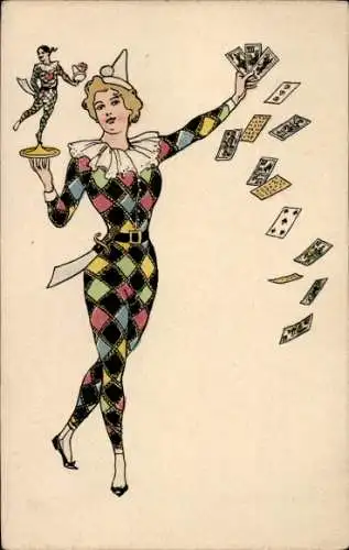 Jugendstil Litho Frau im Harlekin-Kostüm mit Spielkarten