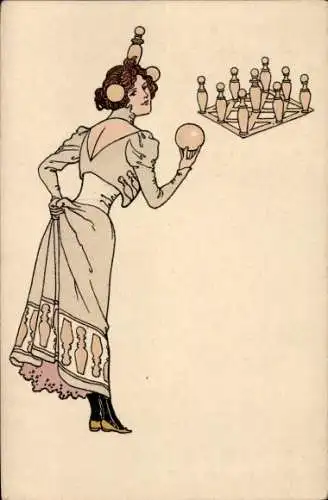 Jugendstil Litho Frau beim Kegeln