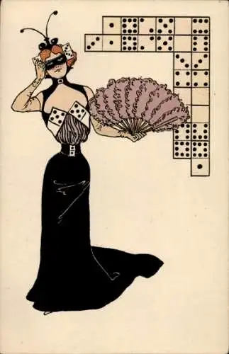 Jugendstil Ak Domino, Spielsteine, Frau mit Maske und Fächer