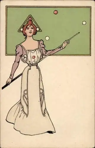 Jugendstil Litho Billard, Frau mit Queue, Kugeln, Dreieck als Kopfschmuck