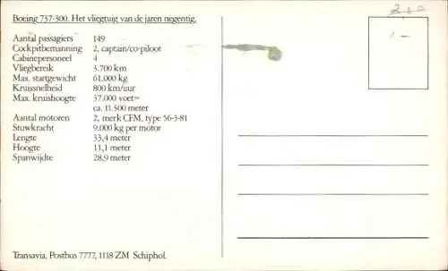 Ak Niederländisches Passagierflugzeug, Boeing 737 300, Transavia