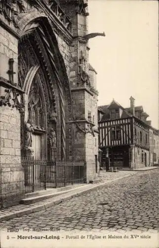 Ak Moret sur Loing Seine et Marne, Portail de l'Eglise, Maison du XVe siecle