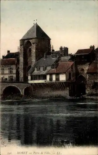 Ak Moret sur Loing Seine et Marne, Porte de Ville, Brücke