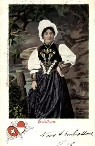 Ak Solothurn Schweiz, Frau in Volkstracht, Wappen