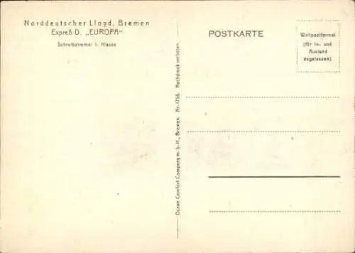 Ak Dampfer Europa, Norddeutscher Lloyd Bremen, Schreibzimmer 1. Klasse