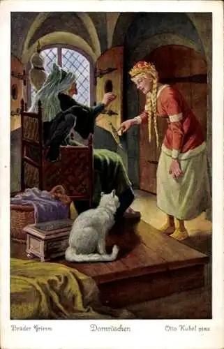 Künstler Ak Kubel, Otto, Märchen, Brüder Grimm, Dornröschen, Hexe, Spindel, Katze