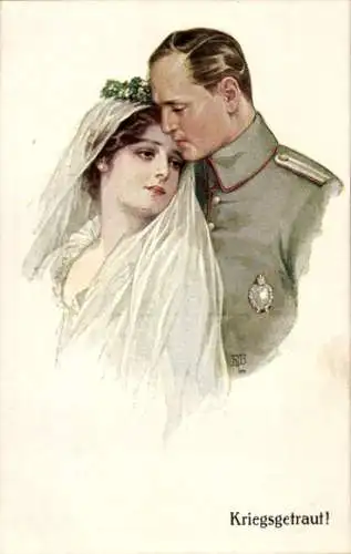 Künstler Ak Kriegsgetraut, Soldat mit Frau, Hochzeitspaar